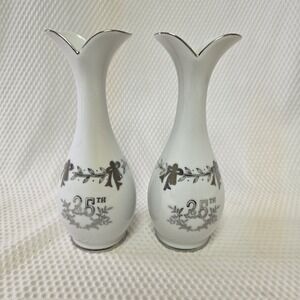 2 Lefton Silver 25th Anniversary Bud Vases Hand Painted 8049 Fine China